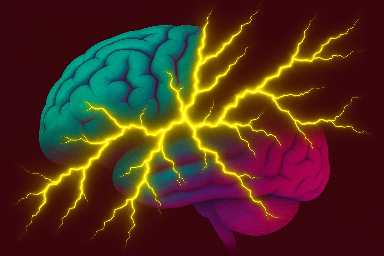 A neon-styled digital illustration of a human brain, viewed from the side and divided by bright yellow lightning bolts. 